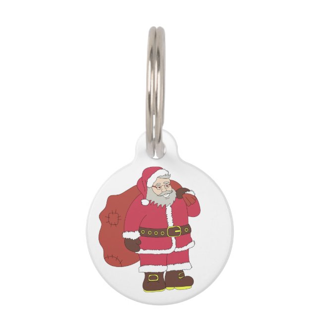 Placa Para Mascotas Santa Claus de rojo con bolsa de regalo y anteojos (Anverso)