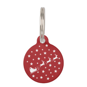 Placa Para Mascotas Santa Sleigh Blanco Con Renos Y Estrellas En Rojo