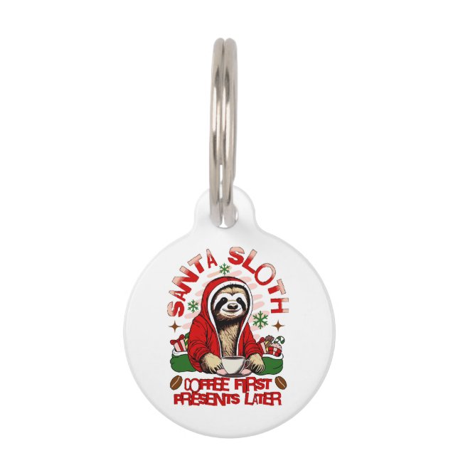 Placa Para Mascotas Santa Sloth bebiendo café (Anverso)