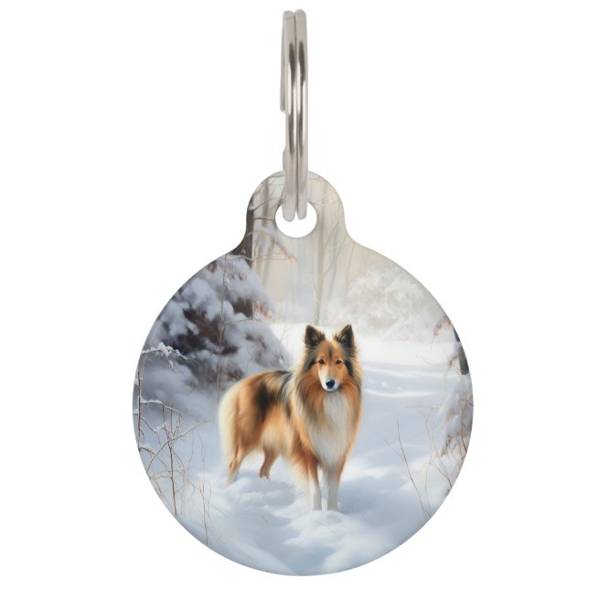 Placa Para Mascotas Shetland Sheepdog Deja Que Nieva Navidades (Anverso)