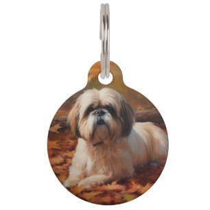 Placa Para Mascotas Shih Tzu en Otoño Hojas Caídas Inspiran