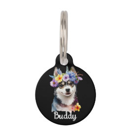 Placa Para Mascotas SIBERIAN Husky Dog acuarela Flor Ronda etiqueta de