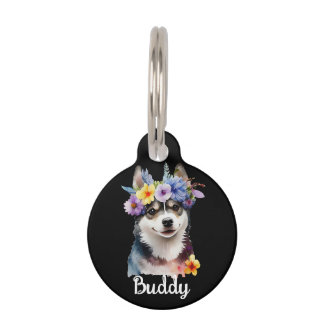 Placa Para Mascotas SIBERIAN Husky Dog acuarela Flor Ronda etiqueta de