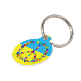 Placa Para Mascotas Signo de paz con flores, botón de bandera ucranian