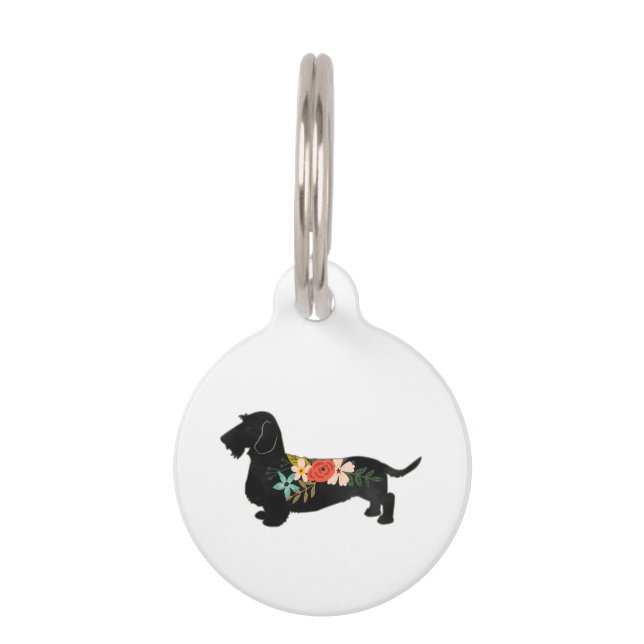Placa Para Mascotas Silhouette floral de cabello alambrado Dachshund B (Anverso)