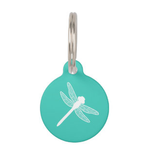 Placa Para Mascotas Silueta De Dragonfly Blanca Sobre Turquesa