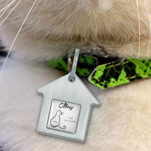 Placa Para Mascotas Silueta de gato línea simple blanco y negro