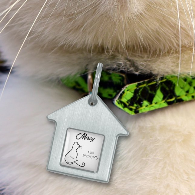 Placa Para Mascotas Silueta de gato línea simple blanco y negro (Subido por el creador)