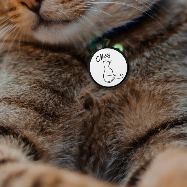 Placa Para Mascotas Silueta de gato línea simple blanco y negro (Subido por el creador)