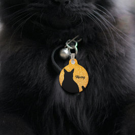 Placa Para Mascotas Silueta de gato negro sobre brillo naranja festivo