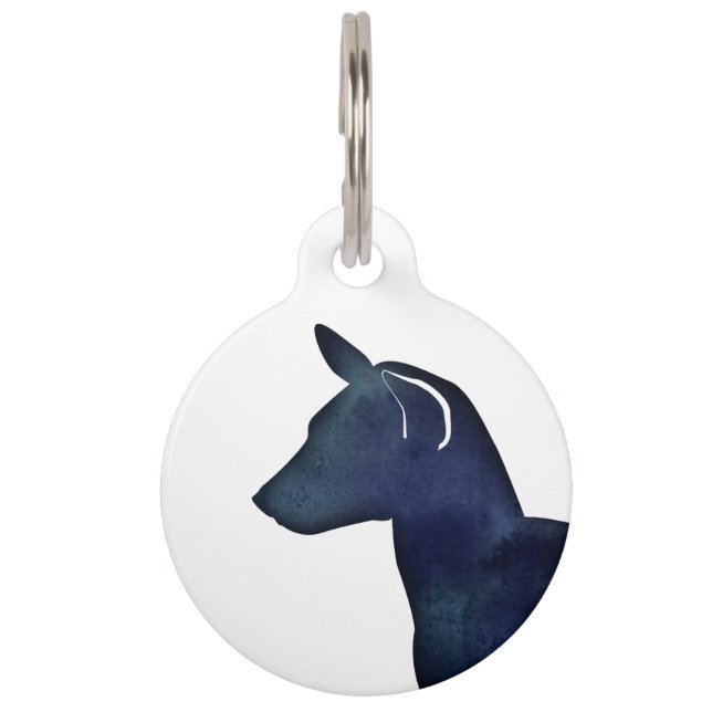 Placa Para Mascotas Silueta de perro Basenji negro al acuarela (Anverso)