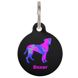 Placa Para Mascotas Silueta de perro Boxer rosa caliente y azul