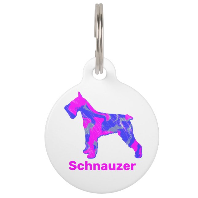 Placa Para Mascotas Silueta de perro de Schnauzer, blanco rosado y azu (Anverso)