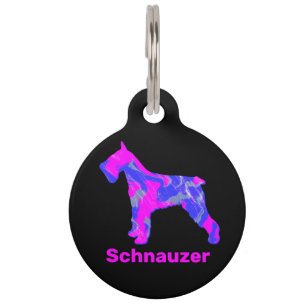 Placa Para Mascotas Silueta de perro de Schnauzer con ID rosa y azul