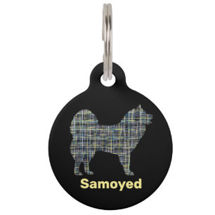Placa Para Mascotas Silueta de perro samoyada con ID de cuadrícula ama