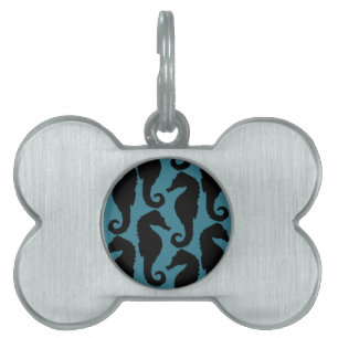 Placa Para Mascotas Siluetas tropicales del Seahorse - azul negro
