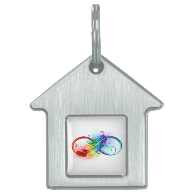 Placa Para Mascotas Símbolo infinito con plumas arcoiris (Frente)