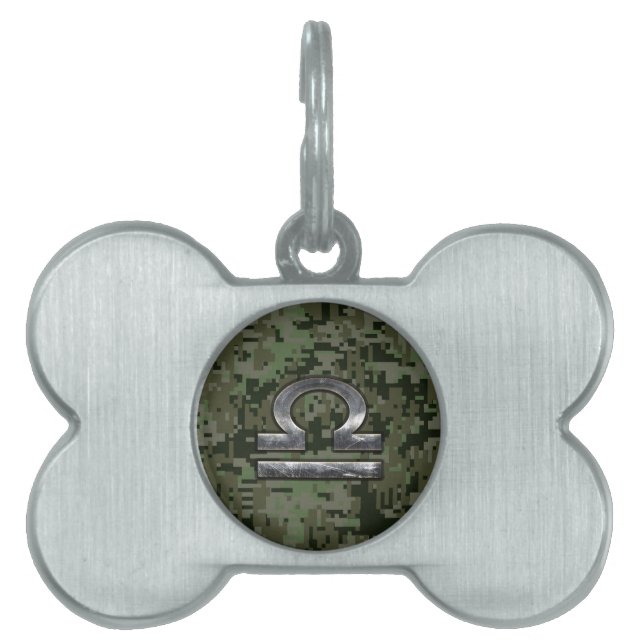 Placa Para Mascotas Símbolo libra zodiaco sobre camo digital verde oli (Frente)