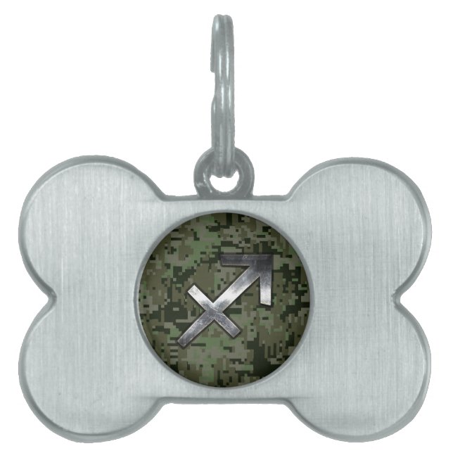 Placa Para Mascotas Símbolo zodiaco sagitario en camo digital verde (Frente)