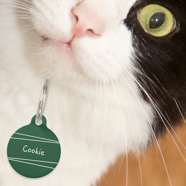 Placa Para Mascotas Simple Minimal Verde Oscuro Personalizado (An ID tag for your pet cat, in dark green, with name on the front and your contact info on the back)