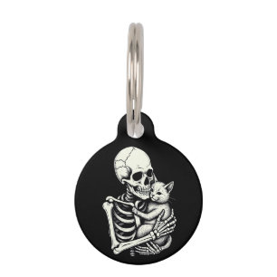 Placa Para Mascotas Skeleton abrazando a un gato gracioso amante de un