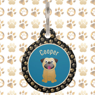 Placa Para Mascotas Snazzy Black Verde azulada Pug and Pawprints Nombr
