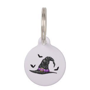 Placa Para Mascotas Sombrero de Bruja y Murciélagos Voladores Lila Hal