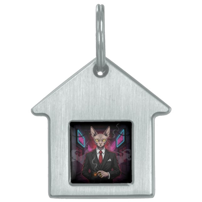 Placa Para Mascotas Sphynx Mafia Cat in Neon Noir Style (Frente)
