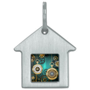 Placa Para Mascotas Steampunk Jewelry Watch sobre un fondo verde