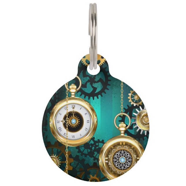 Placa Para Mascotas Steampunk Jewelry Watch sobre un fondo verde (Anverso)