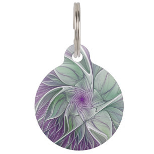 Placa Para Mascotas Sueño de flores, abstracto arte fractal verde púrp