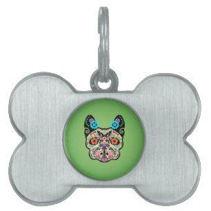 Placa Para Mascotas Sugar Skull Frenchie - Verde