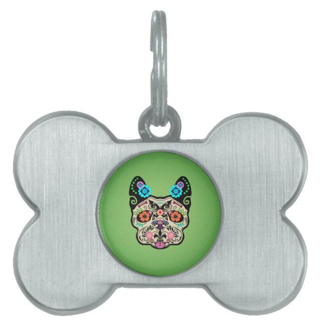 Placa Para Mascotas Sugar Skull Frenchie - Verde (Frente)