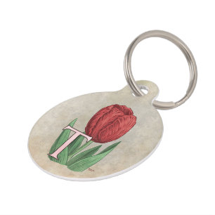 Placa Para Mascotas T para el monograma de la flor del tulipán