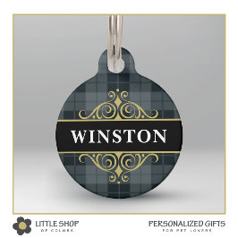 Placa Para Mascotas Tartan de Plaid Negro Dorado Personalizado