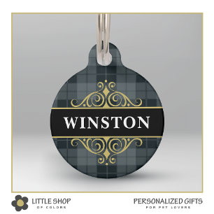 Placa Para Mascotas Tartan de Plaid Negro Dorado Personalizado