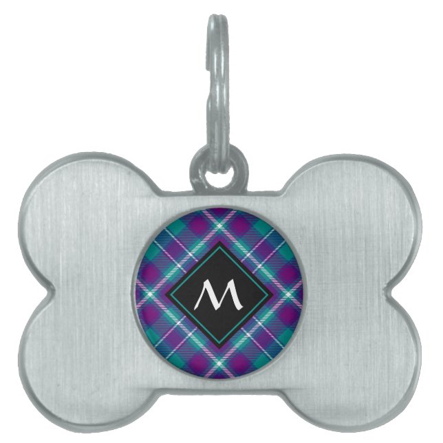 Placa Para Mascotas Tartán verde marino, púrpura y azul (Frente)