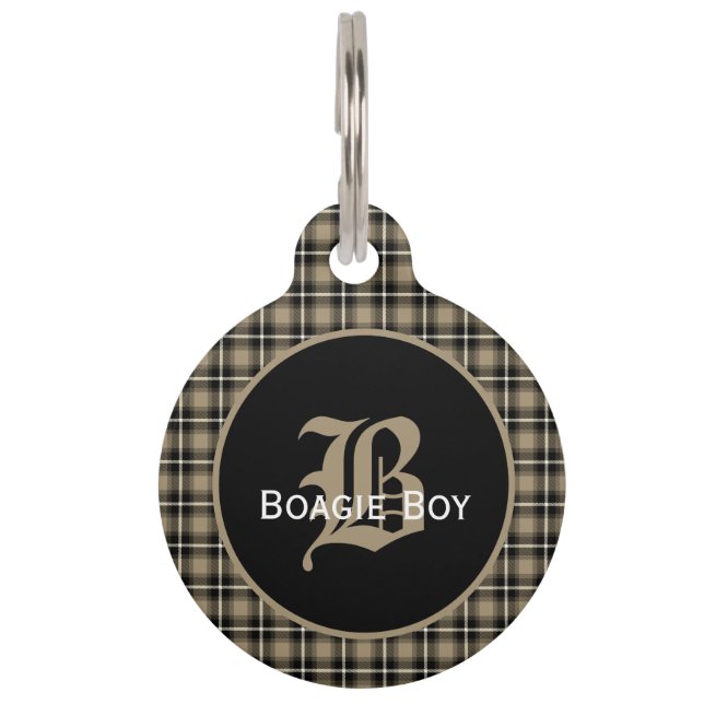 Placa Para Mascotas Taupe Escocesa Plaid Monogramado Grande (Anverso)