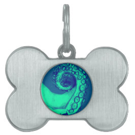 Placa Para Mascotas Tentáculo de pulpo verde azulado y náutico