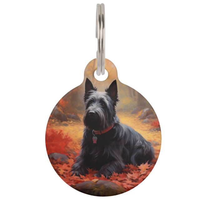 Placa Para Mascotas Terrier Escocés en Otoño Hojas de Caída Inspiran (Anverso)