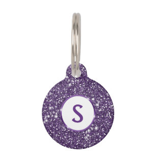Placa Para Mascotas Textura de brillo morado falso y monograma persona