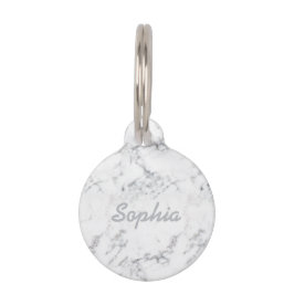 Placa Para Mascotas Textura de mármol blanco chic y nombre de mascota
