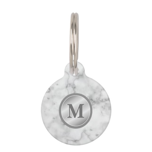 Placa Para Mascotas Textura de mármol falso con monograma e informació (Anverso)