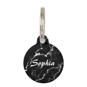 Placa Para Mascotas Textura de mármol negro falso con nombre personali