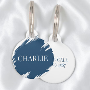 Placa Para Mascotas Trazo de Pincel Azul Moderno Número de Teléfono de