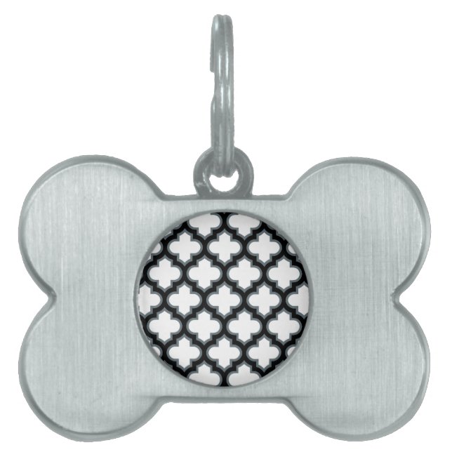Placa Para Mascotas Trébol blanco y negro, Entramado, Quatrefoil (Frente)