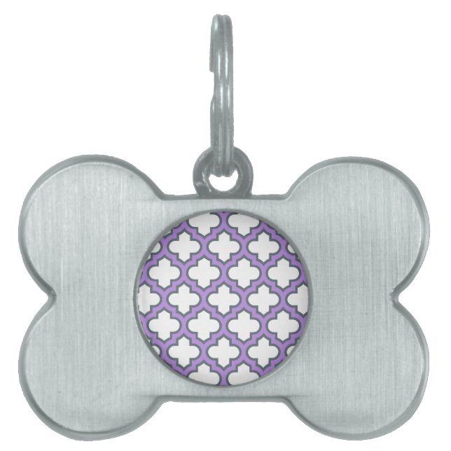 Placa Para Mascotas Trellis blanca y púrpura, Entramado, Quatrefoil (Frente)