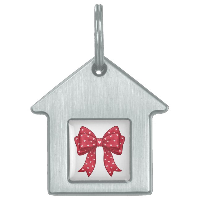 Placa Para Mascotas Trendy Coquette Red Ribbon Bow with White Hearts (Frente)