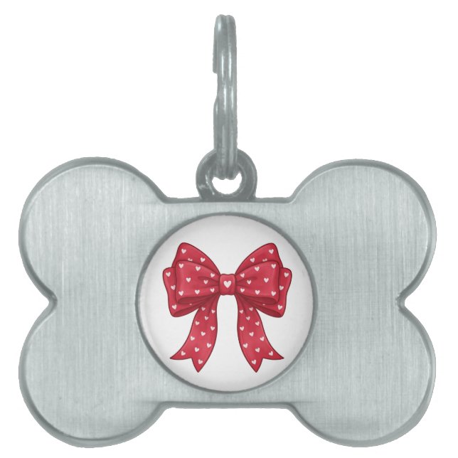 Placa Para Mascotas Trendy Coquette Red Ribbon Bow with White Hearts (Frente)