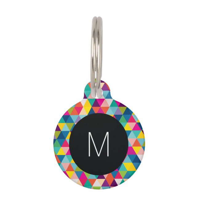 Placa Para Mascotas Triángulos del arco iris con el monograma blanco y (Anverso)